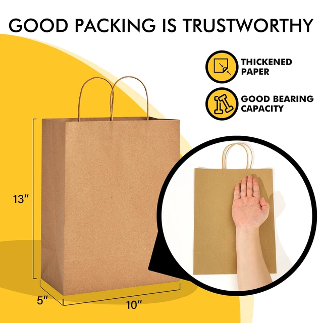 Alt view image 2 of 7 - Large Brown Kraft Paper Bags 100 Pack 10x5x13 in with Handles | Recycled Kraft Paper, Reinforced Handles, Tear-Resistant, for Grocery, Retail, Birthday, Wedding, Business, Eco-Friendly