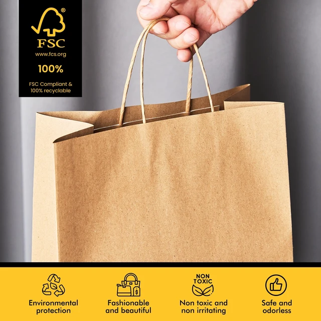 Alt view image 4 of 7 - Large Brown Kraft Paper Bags 100 Pack 10x5x13 in with Handles | Recycled Kraft Paper, Reinforced Handles, Tear-Resistant, for Grocery, Retail, Birthday, Wedding, Business, Eco-Friendly