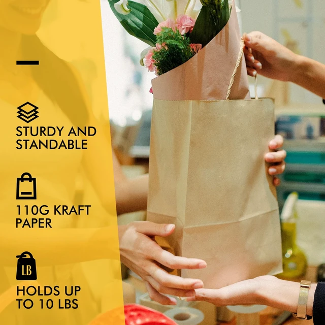 Alt view image 5 of 7 - Large Brown Kraft Paper Bags 100 Pack 10x5x13 in with Handles | Recycled Kraft Paper, Reinforced Handles, Tear-Resistant, for Grocery, Retail, Birthday, Wedding, Business, Eco-Friendly