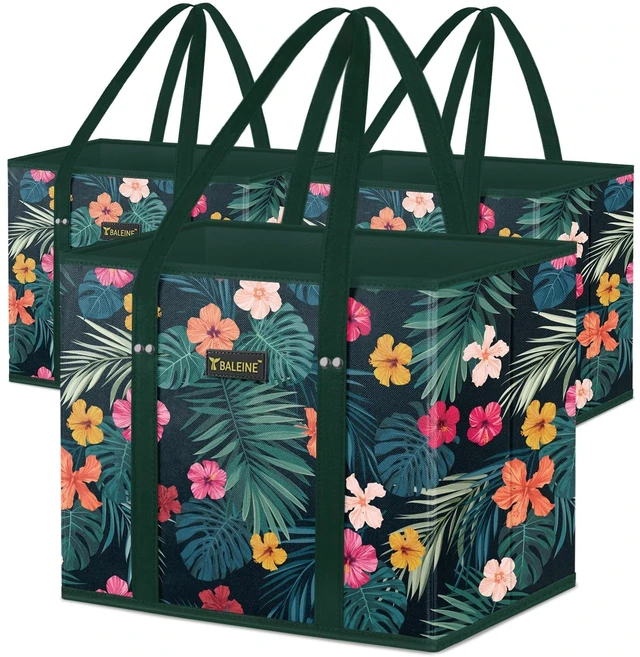 Main image of BALEINE 3PK Reusable Grocery Bags, Heavy Duty Shopping Tote Bag | 12'' Long Handles, Reinforced Bottom Keeps Upright, Fold Flat Storage, Water-Resistant Shopping Bag, Multiple Color Options