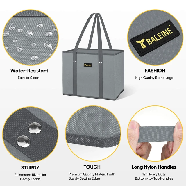 Alt view image 6 of 7 - BALEINE 3PK Reusable Grocery Bags, Heavy Duty Shopping Tote Bag | 12'' Long Handles, Reinforced Bottom Keeps Upright, Fold Flat Storage, Water-Resistant Shopping Bag, Multiple Color Options