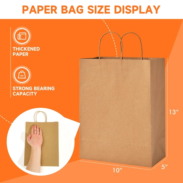 Alt view image 2 of 6 - 100 Pcs Large Brown Paper Gift Bags with Handles, 10x5x13 Inch | Reinforced Handles, Recyclable Kraft Paper Shopping Bags for Retail, Birthdays, Parties, Weddings, Groceries and Party Favors