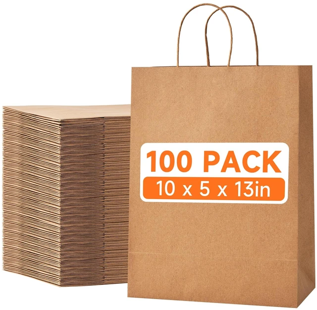 Main image of 100 Pcs Large Brown Paper Gift Bags with Handles, 10x5x13 Inch | Reinforced Handles, Recyclable Kraft Paper Shopping Bags for Retail, Birthdays, Parties, Weddings, Groceries and Party Favors
