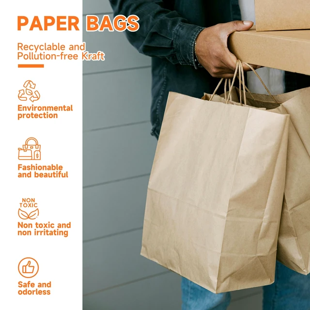 Alt view image 5 of 6 - 100 Pcs Large Brown Paper Gift Bags with Handles, 10x5x13 Inch | Reinforced Handles, Recyclable Kraft Paper Shopping Bags for Retail, Birthdays, Parties, Weddings, Groceries and Party Favors