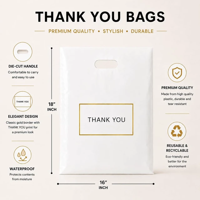 Alt view image 2 of 7 - White Plastic Shopping Bags with Handles, Thank You Boutique Retail Bags, Large 16" x 18", 100 Pack for Merchandise, Gifts, Small Business & Trade Shows