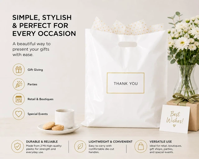 Alt view image 3 of 7 - White Plastic Shopping Bags with Handles, Thank You Boutique Retail Bags, Large 16" x 18", 100 Pack for Merchandise, Gifts, Small Business & Trade Shows