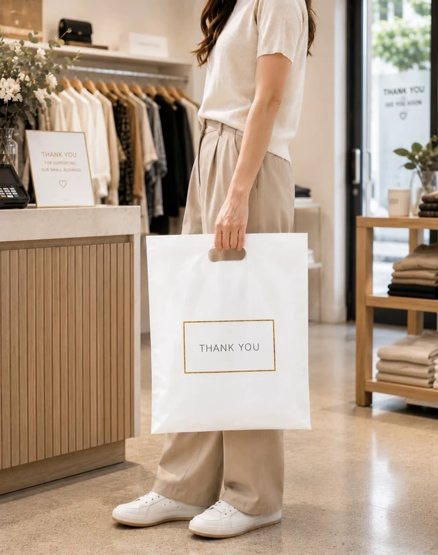 Alt view image 4 of 7 - White Plastic Shopping Bags with Handles, Thank You Boutique Retail Bags, Large 16" x 18", 100 Pack for Merchandise, Gifts, Small Business & Trade Shows