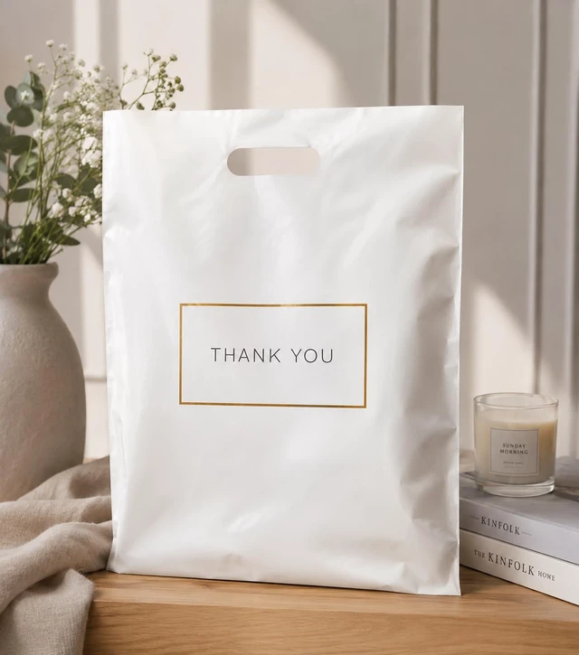 Alt view image 6 of 7 - White Plastic Shopping Bags with Handles, Thank You Boutique Retail Bags, Large 16" x 18", 100 Pack for Merchandise, Gifts, Small Business & Trade Shows