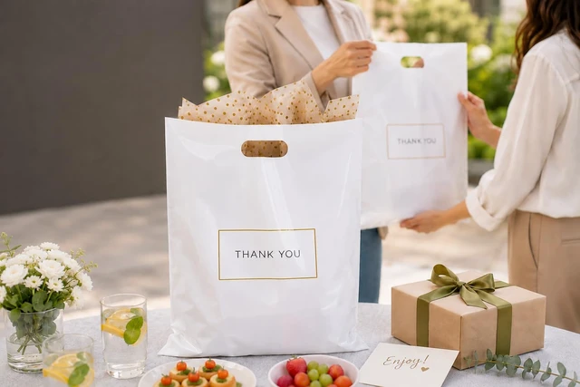 Alt view image 5 of 7 - White Plastic Shopping Bags with Handles, Thank You Boutique Retail Bags, Large 16" x 18", 100 Pack for Merchandise, Gifts, Small Business & Trade Shows