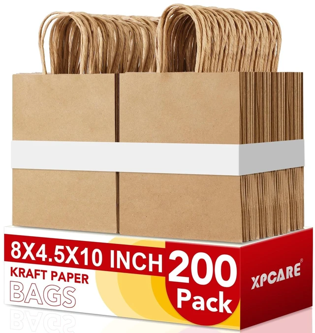 Main image of Brown Paper Bags with Handles, 200Pcs 8x4.5x10In Kraft Paper Bag | Small Medium Paper Bags with Handles Bulk Treat Bags Kraft Paper Gift Bag for Retail Party Shopping Party Favor