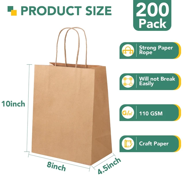Alt view image 2 of 7 - Brown Paper Bags with Handles, 200Pcs 8x4.5x10In Kraft Paper Bag | Small Medium Paper Bags with Handles Bulk Treat Bags Kraft Paper Gift Bag for Retail Party Shopping Party Favor