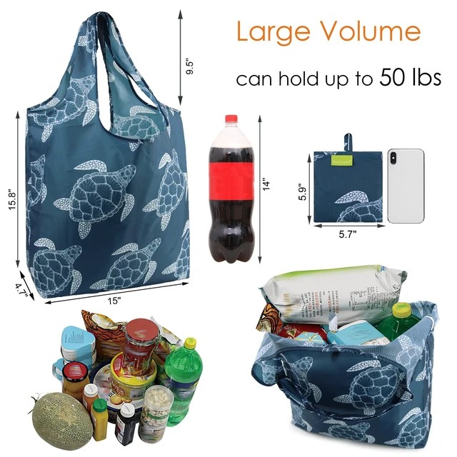 Alt view image 3 of 7 - Sea Turtle Reusable Grocery Bags Large Tote Bag With Handles, Bulk Gift Foldable Shopping Bags for Women 6 Pack, Cute Cloth Bag, Heavy Duty, Washable For Beach, Holiday, Travel And Groceries
