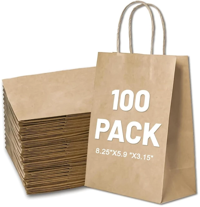 Main image of Gift Bags 5.9"x3.15"x8.25" 100pcs Brown Kraft Paper Bag with Handles | For Small Business Christmas Bulk, Wedding, Party Favor, Shopping, Lunch, Halloween Trick-or-Treat Bags