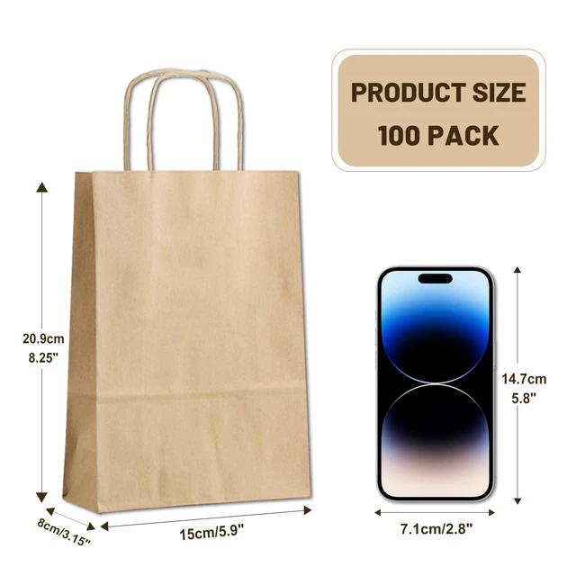 Alt view image 2 of 7 - Gift Bags 5.9"x3.15"x8.25" 100pcs Brown Kraft Paper Bag with Handles | For Small Business Christmas Bulk, Wedding, Party Favor, Shopping, Lunch, Halloween Trick-or-Treat Bags