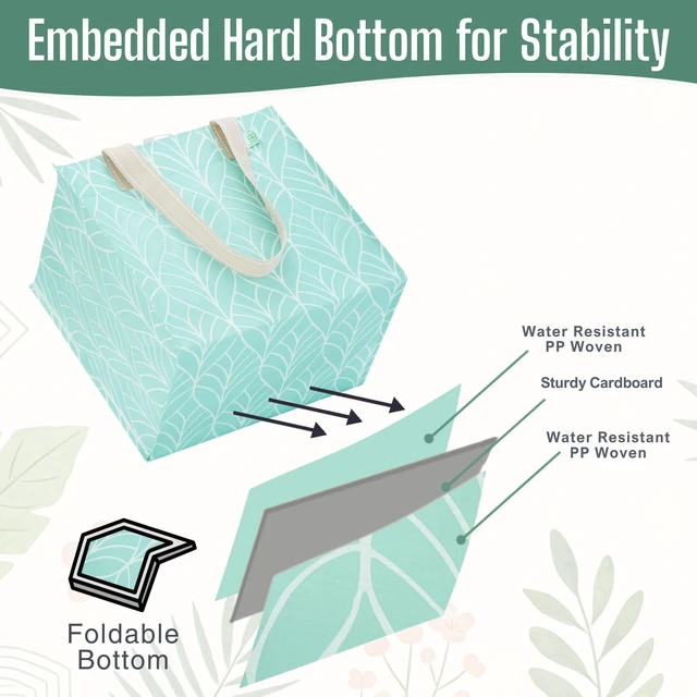 Alt view image 4 of 7 - 4 Pack Large Grocery Bag Reusable Shopping Bags with Hard Bottom | Utility Tote with Reinforced Handles, Heavy Duty, Foldable, Stand Upright, for Groceries Shopping Cart(Evergreen,4 Pack)