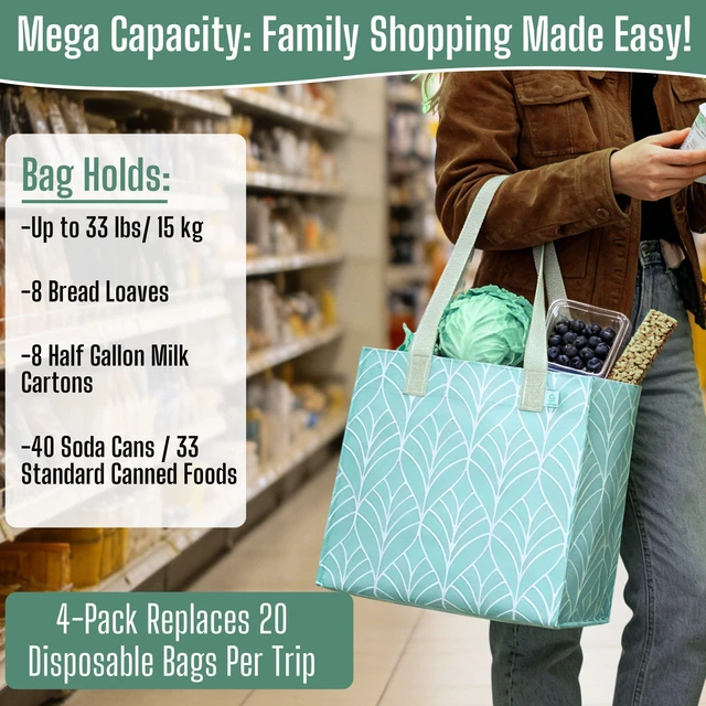 Alt view image 5 of 7 - 4 Pack Large Grocery Bag Reusable Shopping Bags with Hard Bottom | Utility Tote with Reinforced Handles, Heavy Duty, Foldable, Stand Upright, for Groceries Shopping Cart(Evergreen,4 Pack)