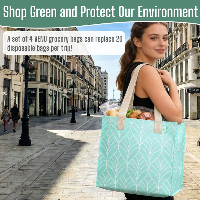 Alt view image 7 of 7 - 4 Pack Large Grocery Bag Reusable Shopping Bags with Hard Bottom | Utility Tote with Reinforced Handles, Heavy Duty, Foldable, Stand Upright, for Groceries Shopping Cart(Evergreen,4 Pack)