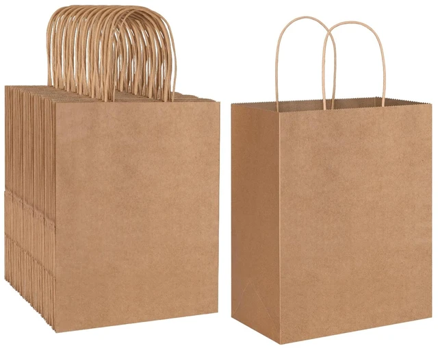 Main image of 100 Pack 8x4.75x10 Inch Medium Brown Kraft Paper Bags with Handles Bulk for Wedding Birthday Party Favors Grocery Retail Shopping Business Goody Craft Gift Bags Sacks (Plain Natural 100 Count)