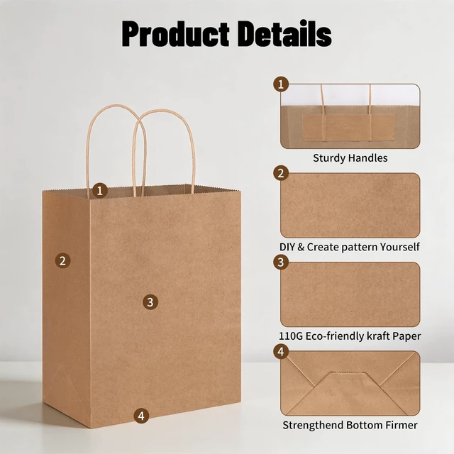 Alt view image 3 of 7 - 100 Pack 8x4.75x10 Inch Medium Brown Kraft Paper Bags with Handles Bulk for Wedding Birthday Party Favors Grocery Retail Shopping Business Goody Craft Gift Bags Sacks (Plain Natural 100 Count)
