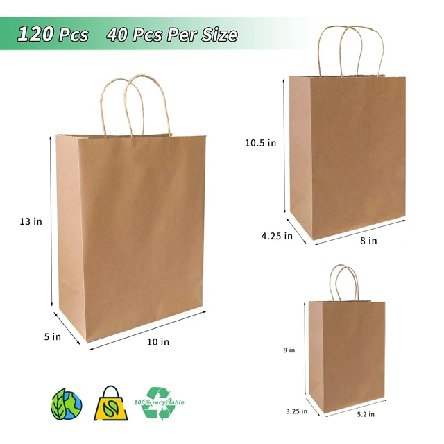 Alt view image 2 of 6 - Kraft Gift Paper Bags with Handles,120pack Multiple 3 Assorted Sizes | Gift Bags for Favors Grocery Retail Party Birthday Shopping Business Goody Craft Merchandise Take Out Sacks