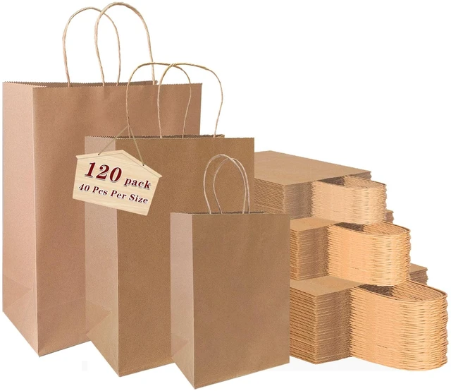 Main image of Kraft Gift Paper Bags with Handles,120pack Multiple 3 Assorted Sizes | Gift Bags for Favors Grocery Retail Party Birthday Shopping Business Goody Craft Merchandise Take Out Sacks