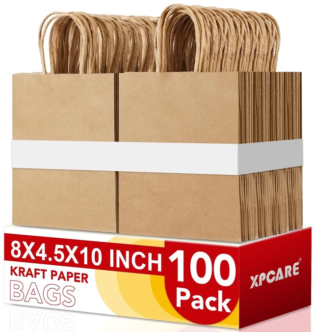 Main image of Brown Paper Bags with Handles, 100Pcs 8x4.5x10In Kraft Paper Bag | Small Medium Paper Bags with Handles Bulk Treat Bags Kraft Paper Gift Bag for Retail Party Shopping Party Favor