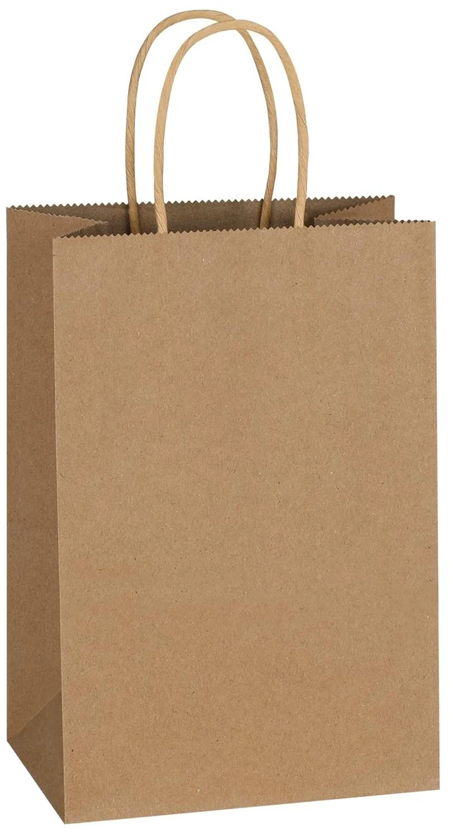 Main image of 100 Pack 5.25x3.25x8.5 Inch Plain Small Brown Kraft Paper Gift Bags with Handles Bulk for Goodie, Party Favor Brithday Grocery Shopping, Business Wedding Retail Craft Treat, Merchandise Sacks