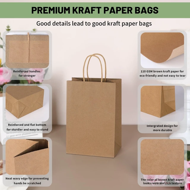 Alt view image 4 of 7 - 100 Pack 5.25x3.25x8.5 Inch Plain Small Brown Kraft Paper Gift Bags with Handles Bulk for Goodie, Party Favor Brithday Grocery Shopping, Business Wedding Retail Craft Treat, Merchandise Sacks
