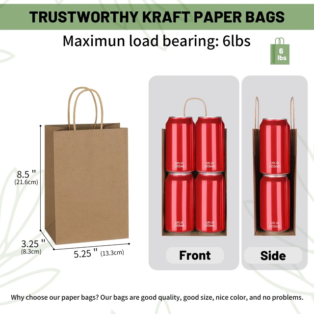 Alt view image 3 of 7 - 100 Pack 5.25x3.25x8.5 Inch Plain Small Brown Kraft Paper Gift Bags with Handles Bulk for Goodie, Party Favor Brithday Grocery Shopping, Business Wedding Retail Craft Treat, Merchandise Sacks