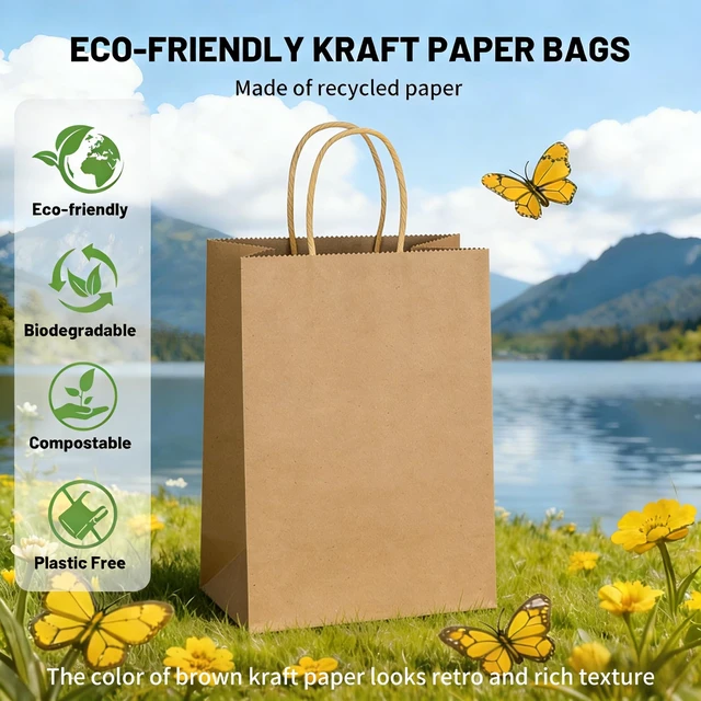 Alt view image 6 of 7 - 100 Pack 5.25x3.25x8.5 Inch Plain Small Brown Kraft Paper Gift Bags with Handles Bulk for Goodie, Party Favor Brithday Grocery Shopping, Business Wedding Retail Craft Treat, Merchandise Sacks
