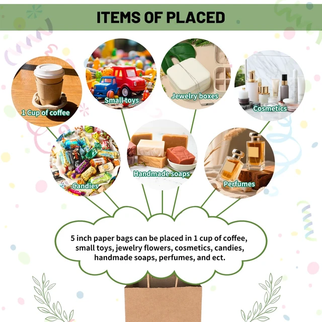 Alt view image 7 of 7 - 100 Pack 5.25x3.25x8.5 Inch Plain Small Brown Kraft Paper Gift Bags with Handles Bulk for Goodie, Party Favor Brithday Grocery Shopping, Business Wedding Retail Craft Treat, Merchandise Sacks