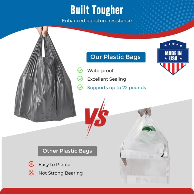 Alt view image 3 of 7 - 500 Count Plastic Grocery Shopping T-shirt Bags with Handles Grey | 11.5" x 6.5" x 21", Trash, Take Out, To Go, Restaurants, Retail Bags in Bulk for Small Business (Made in USA)