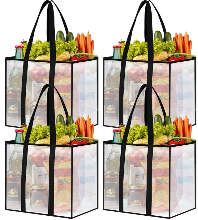 Main image of Reusable Grocery Bags, Clear Shopping Bags, 4 Pack, 33L | Heavy-duty, 50-lb capacity, reinforced handles, stands upright, foldable, water-resistant, wipe-clean, visible contents