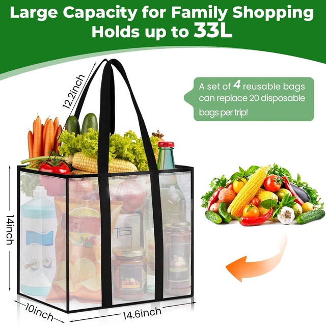 Alt view image 3 of 7 - Reusable Grocery Bags, Clear Shopping Bags, 4 Pack, 33L | Heavy-duty, 50-lb capacity, reinforced handles, stands upright, foldable, water-resistant, wipe-clean, visible contents