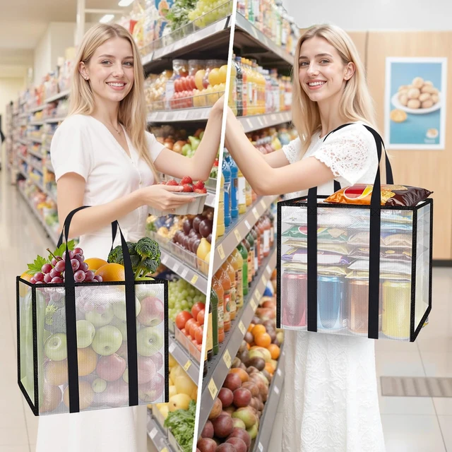 Alt view image 2 of 7 - Reusable Grocery Bags, Clear Shopping Bags, 4 Pack, 33L | Heavy-duty, 50-lb capacity, reinforced handles, stands upright, foldable, water-resistant, wipe-clean, visible contents
