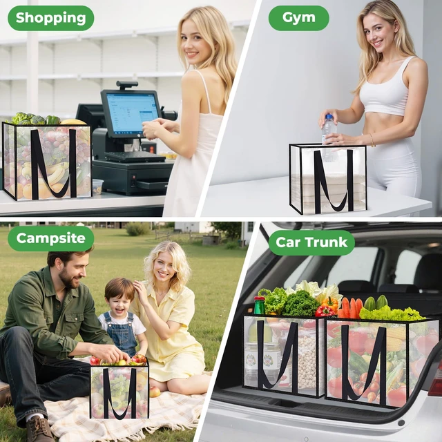 Alt view image 7 of 7 - Reusable Grocery Bags, Clear Shopping Bags, 4 Pack, 33L | Heavy-duty, 50-lb capacity, reinforced handles, stands upright, foldable, water-resistant, wipe-clean, visible contents