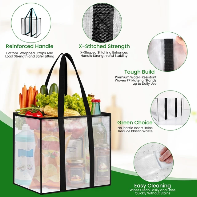 Alt view image 4 of 7 - Reusable Grocery Bags, Clear Shopping Bags, 4 Pack, 33L | Heavy-duty, 50-lb capacity, reinforced handles, stands upright, foldable, water-resistant, wipe-clean, visible contents