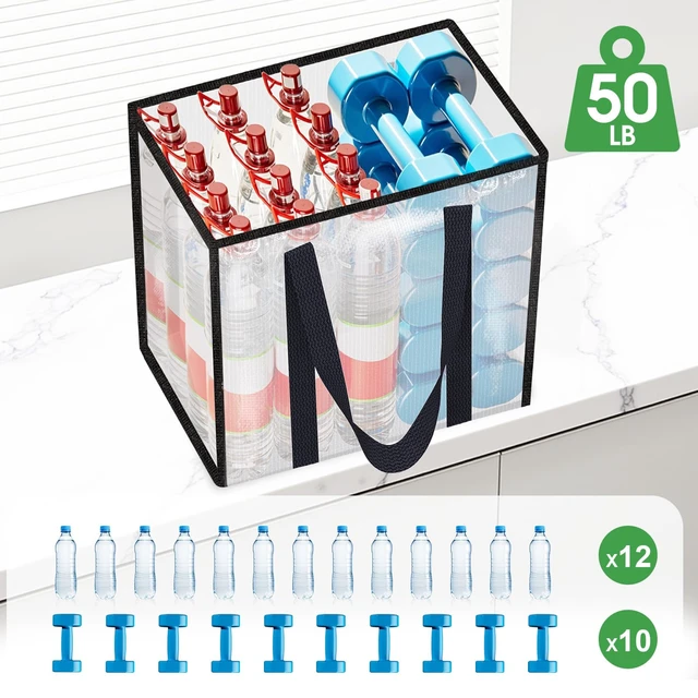 Alt view image 5 of 7 - Reusable Grocery Bags, Clear Shopping Bags, 4 Pack, 33L | Heavy-duty, 50-lb capacity, reinforced handles, stands upright, foldable, water-resistant, wipe-clean, visible contents