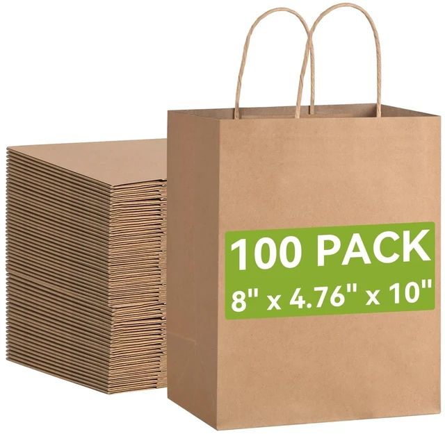 Main image of 100 Pack Medium Paper Gift Bags with Handles, 8 x 4.76 x 10 Inch, Brown | Kraft Material, Bulk Pack for Craft, Shopping, Business, Retail, Party Favor, Birthday and Grocery Use
