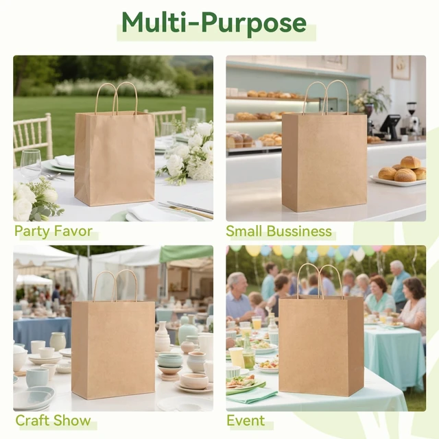 Alt view image 5 of 7 - 100 Pack Medium Paper Gift Bags with Handles, 8 x 4.76 x 10 Inch, Brown | Kraft Material, Bulk Pack for Craft, Shopping, Business, Retail, Party Favor, Birthday and Grocery Use