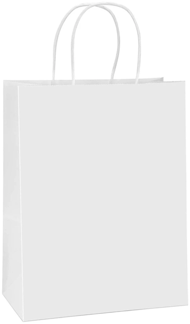 Main image of Kraft Paper Bags with Handles 10x5x13 Inch White 100 Pack Bulk | Recyclable, Large Size, Sturdy Handles, DIY-Friendly, For Gift Giving, Crafts, Party Favors, Christmas, Business Packaging