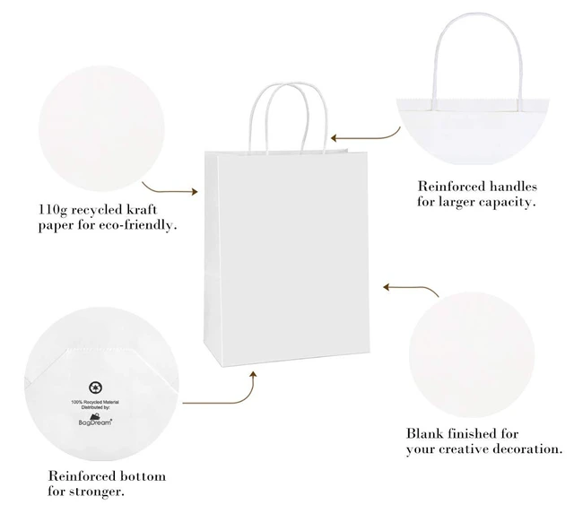 Alt view image 3 of 5 - Kraft Paper Bags with Handles 10x5x13 Inch White 100 Pack Bulk | Recyclable, Large Size, Sturdy Handles, DIY-Friendly, For Gift Giving, Crafts, Party Favors, Christmas, Business Packaging