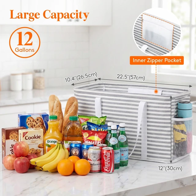 Alt view image 3 of 7 - Large Tote bag, Reusable Shopping Grocery Bags, 46L, 1 Pack, Gray | Standing Utility Tote Basket with Metal Wire Frame&Handles for Picnics Beach Laundry Car Pool Camping