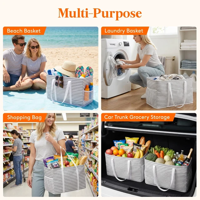 Alt view image 5 of 7 - Large Tote bag, Reusable Shopping Grocery Bags, 46L, 1 Pack, Gray | Standing Utility Tote Basket with Metal Wire Frame&Handles for Picnics Beach Laundry Car Pool Camping