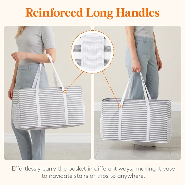 Alt view image 6 of 7 - Large Tote bag, Reusable Shopping Grocery Bags, 46L, 1 Pack, Gray | Standing Utility Tote Basket with Metal Wire Frame&Handles for Picnics Beach Laundry Car Pool Camping