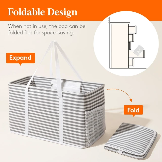 Alt view image 7 of 7 - Large Tote bag, Reusable Shopping Grocery Bags, 46L, 1 Pack, Gray | Standing Utility Tote Basket with Metal Wire Frame&Handles for Picnics Beach Laundry Car Pool Camping