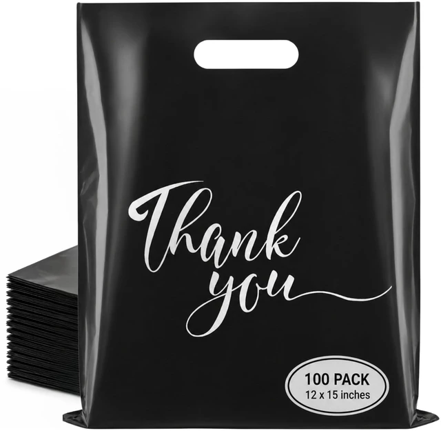 Main image of Thank You Plastic Bags with Handles, Black 100pk 12x15 in | Thick 2.36 Mil Bulk Reusable Shopping Bags for Small Business, Retail Merchandise, Boutique Gifts, Clothes, Party Goodie Bags