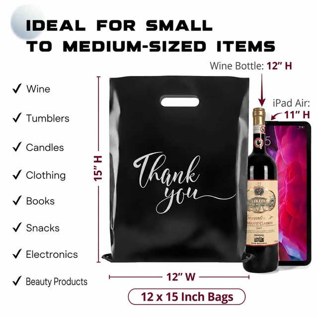 Alt view image 3 of 7 - Thank You Plastic Bags with Handles, Black 100pk 12x15 in | Thick 2.36 Mil Bulk Reusable Shopping Bags for Small Business, Retail Merchandise, Boutique Gifts, Clothes, Party Goodie Bags