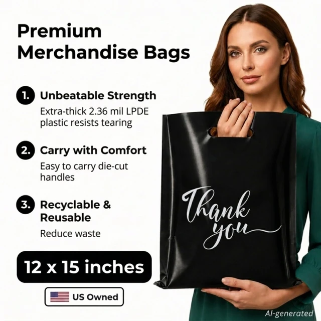 Alt view image 2 of 7 - Thank You Plastic Bags with Handles, Black 100pk 12x15 in | Thick 2.36 Mil Bulk Reusable Shopping Bags for Small Business, Retail Merchandise, Boutique Gifts, Clothes, Party Goodie Bags