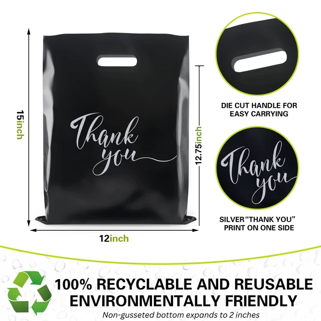 Alt view image 4 of 7 - Thank You Plastic Bags with Handles, Black 100pk 12x15 in | Thick 2.36 Mil Bulk Reusable Shopping Bags for Small Business, Retail Merchandise, Boutique Gifts, Clothes, Party Goodie Bags